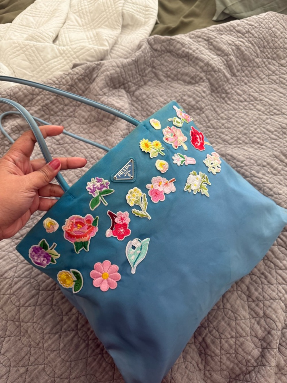 Prada Sky Blue Nylon Tote with Flower patches ironed